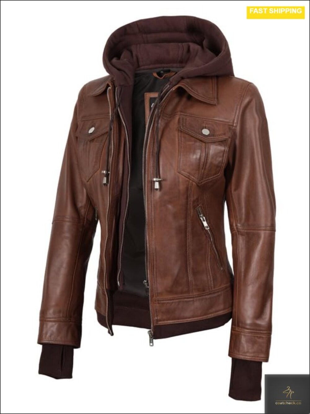 Real Lambskin Leather Bomber Jacket Detachable Hood Zip-Off
